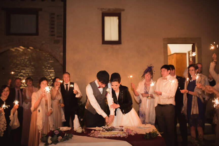 The groom and the bride cut the cake