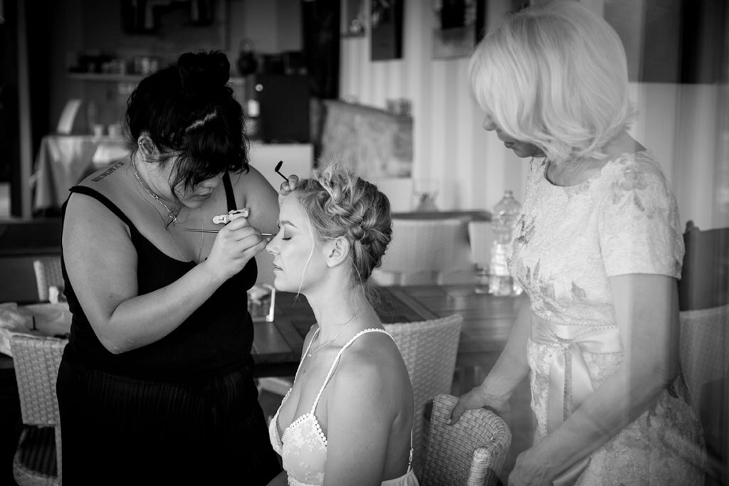 The bride is dressed for the ceremony