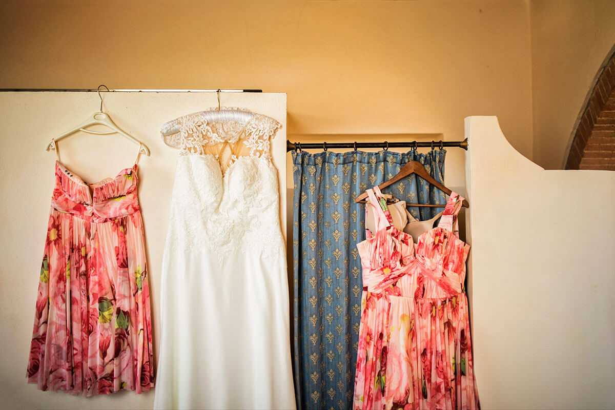 Beautiful wedding dress and bridesmaids