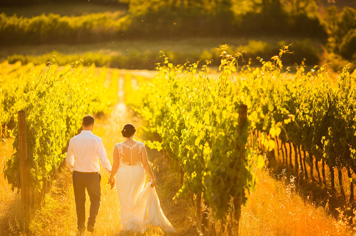 Anya & James walk through the vineyard